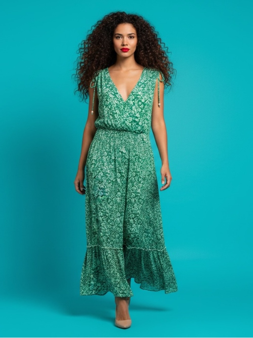 DEX Green Floral Smocked Midi Maxi Dress Size 4X Boho Tie Shoulder